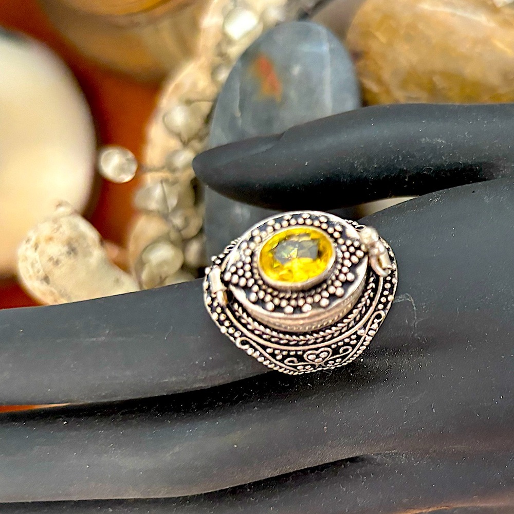 Bohemian Artisan Vintage Sterling 925 Yellow Topaz Oversized Latch Poison Ring 8